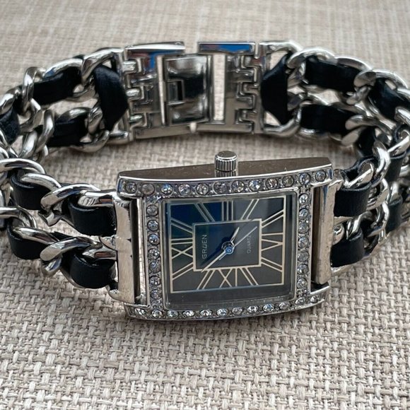 Gruen Ladies Wristwatch Black Leather Silver Tone Quartz Women Watch main image 5
